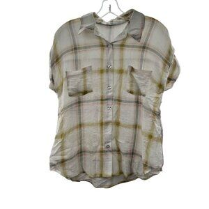 Blu Pepper Women's Plaid Button Up Sheer Top Cap Sleeve Size Large